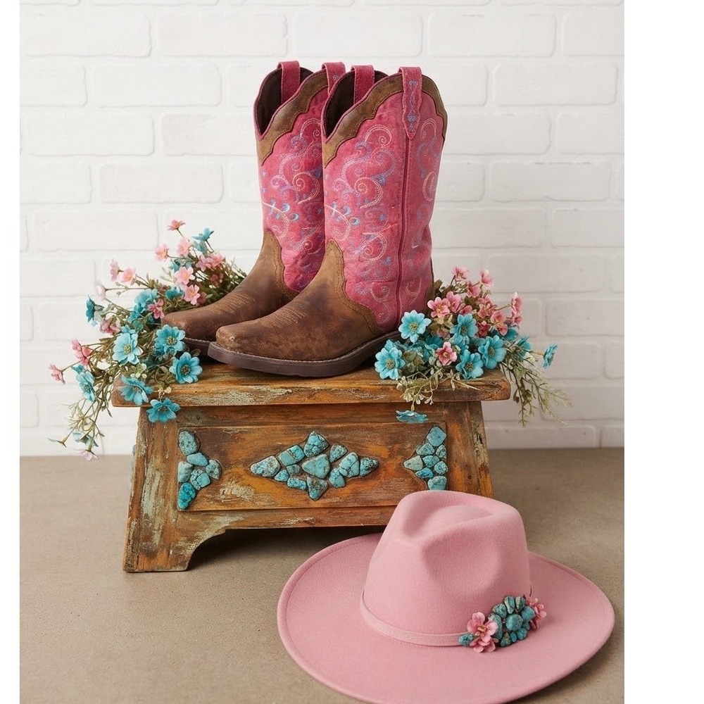 Justin Gypsy Pink Brown Leather Western Square Toe Cowgirl Boots festival 9.5